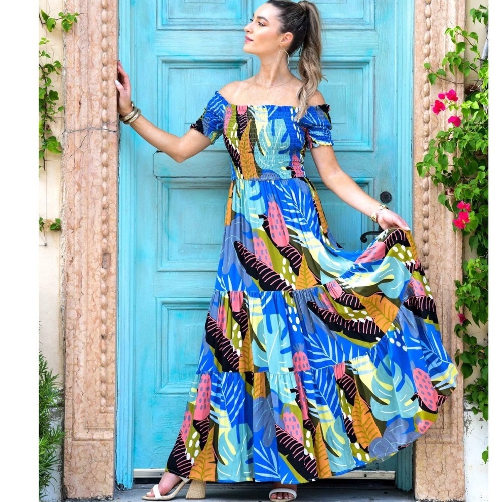WALKER & WADE Mystique Dress in Blue Tropical Smock Size XS Maxi Long‎